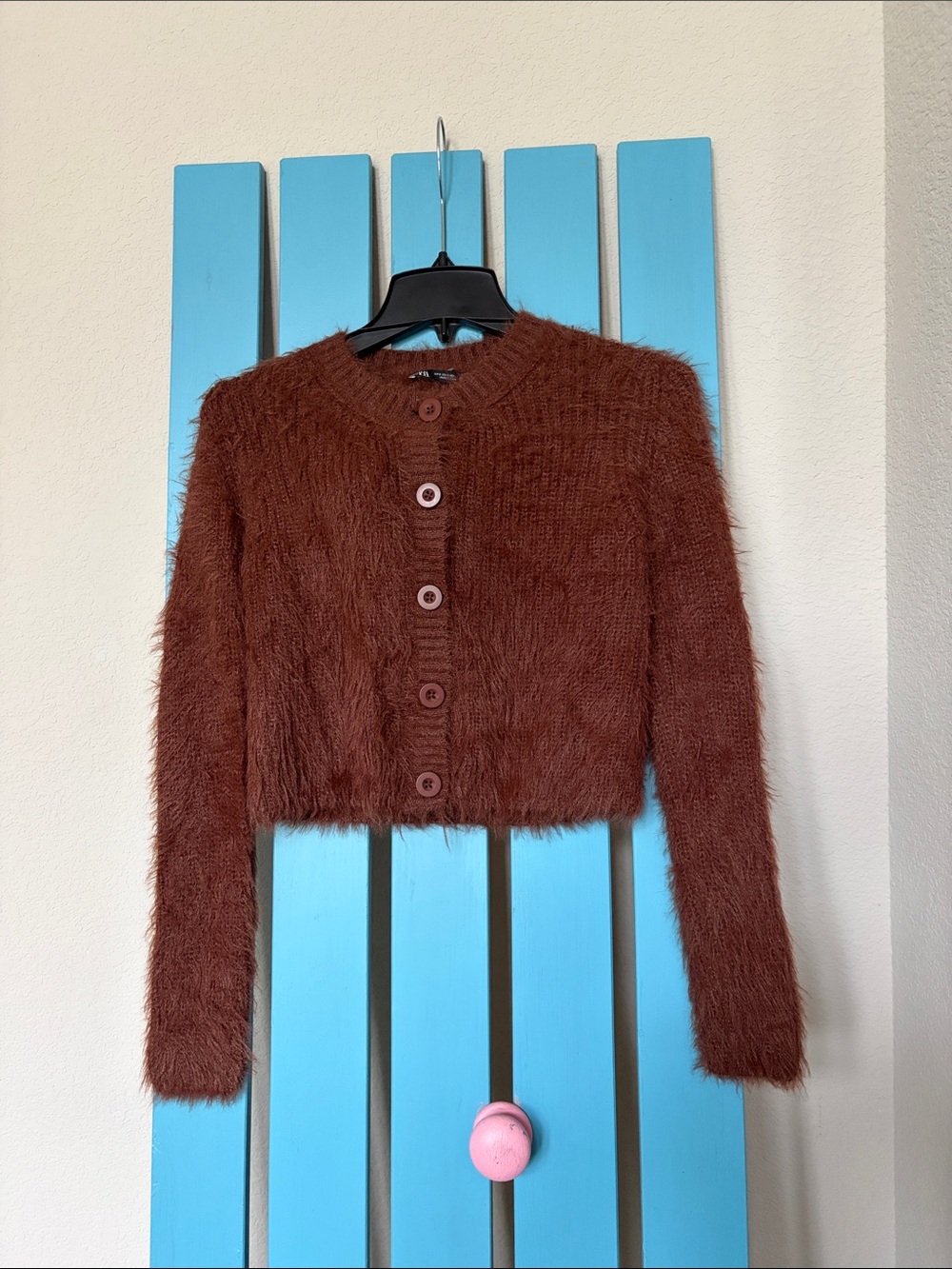Zara Fuzzy Cropped Cardigan in Burnt Brown